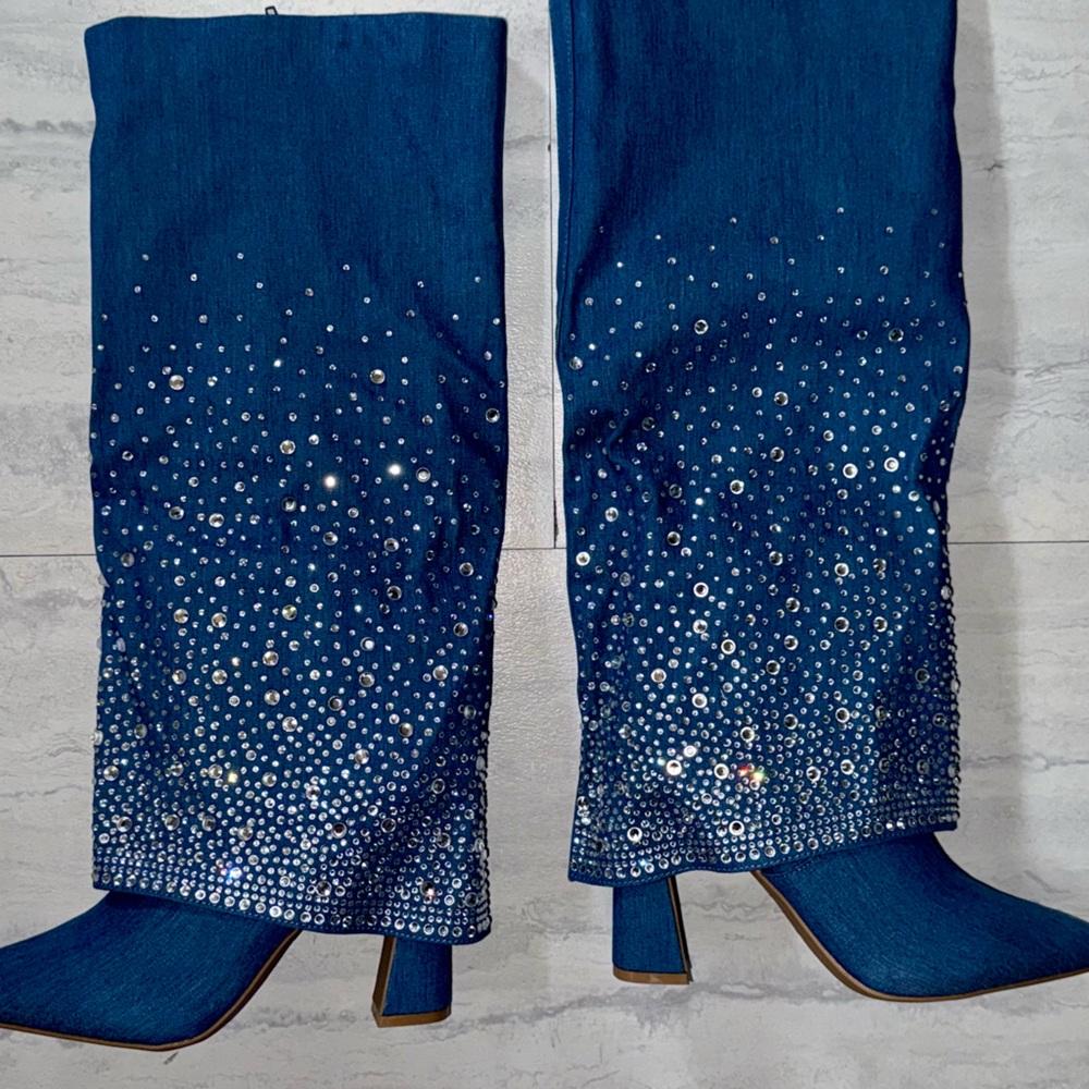 Blue Rhinestone Embellished Boots